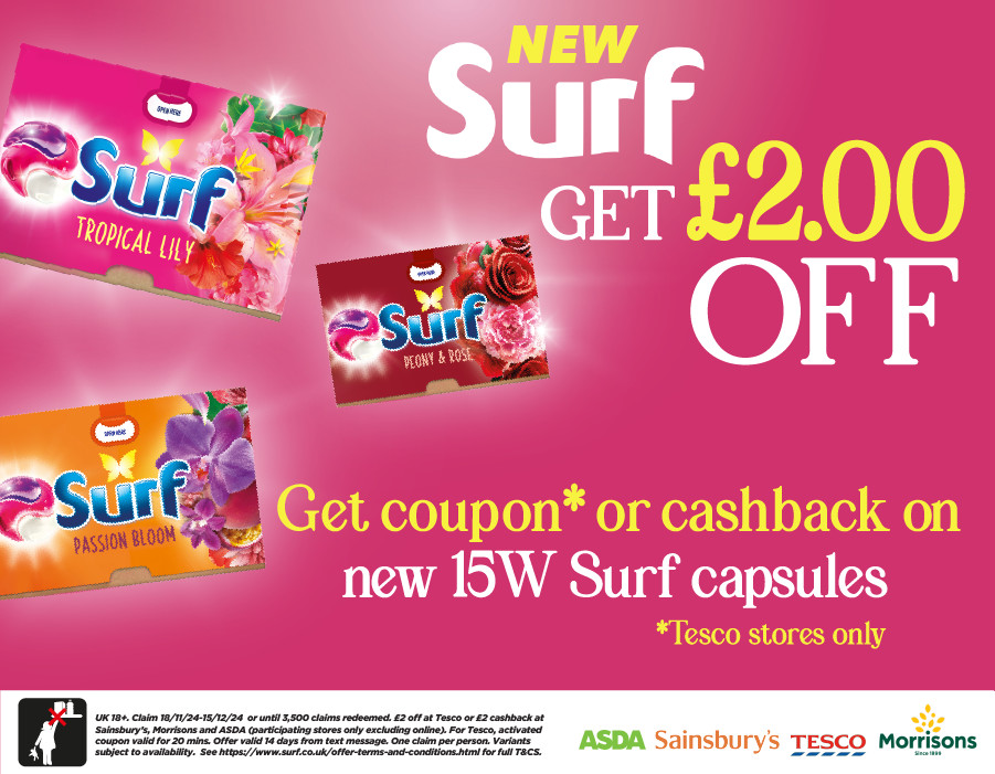 New Surf get £2 off - get coupon or cashback on new 15W Surf capsules